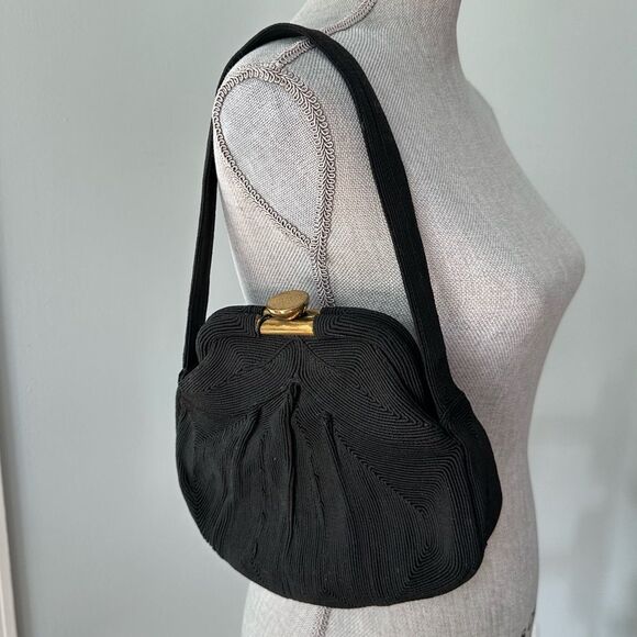 Vintage 1940s Genuine Corde Black Handbag with Brass Clasp Frame Bag Clutch - Picture 3 of 14